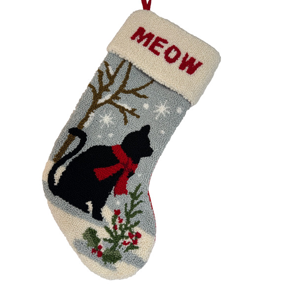 Black Cat Christmas Stocking Oversize Handmade Hooked Yarn Glitzhome 19" - Picture 2 of 5